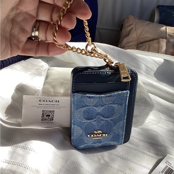 Coach Navy Denim and Leather Card Holder with Gold Chain, NWT - Picture 4 of 7